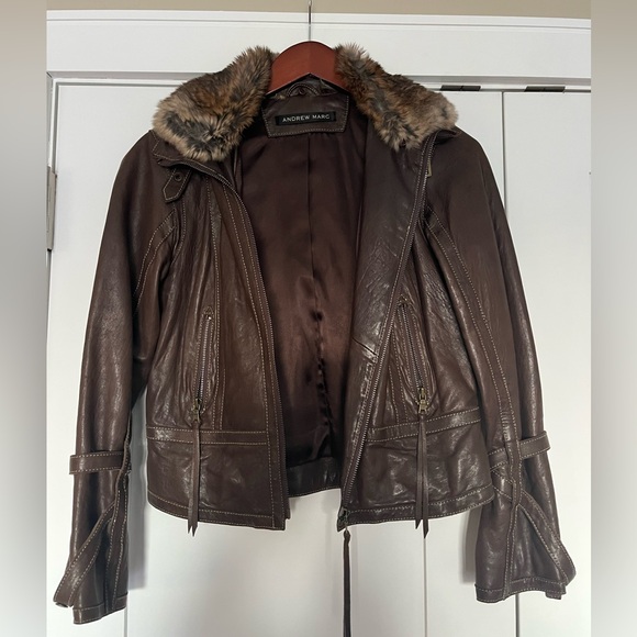 Andrew Marc brown leather jacket with fur collar